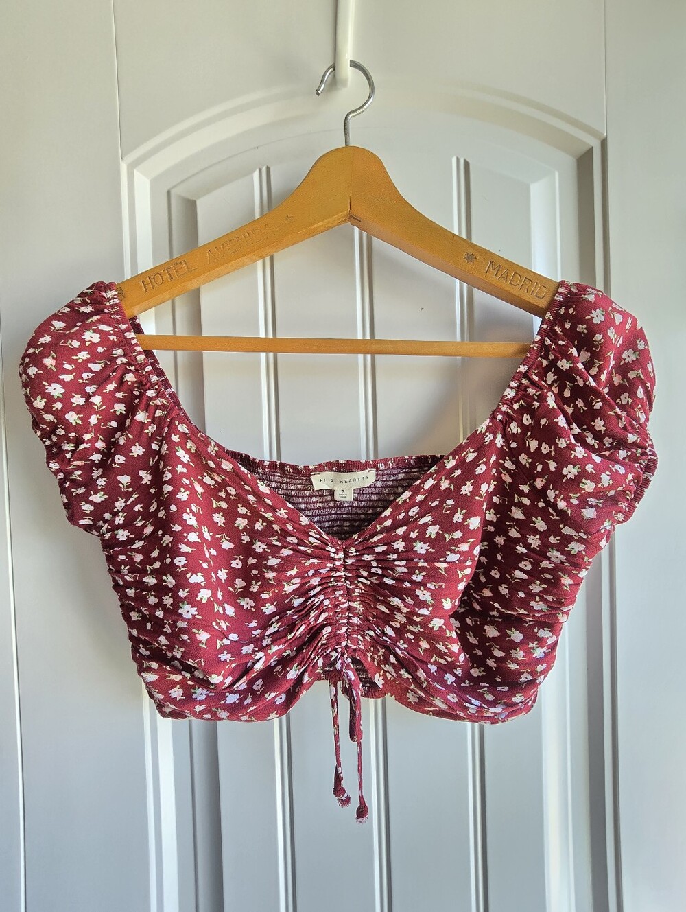 LA Hearts Womens S Burgandy Floral Crop Top Smocked Back Cinch Tie Cottagecore